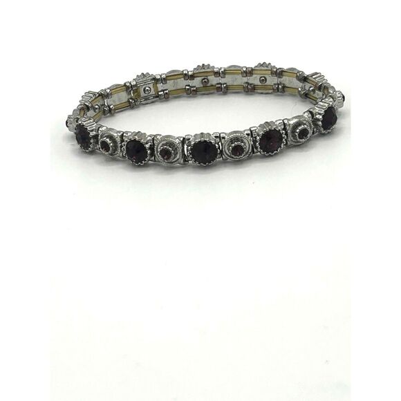 Silver Tone Dark Purple Stones Stretch Bracelet - Picture 1 of 5